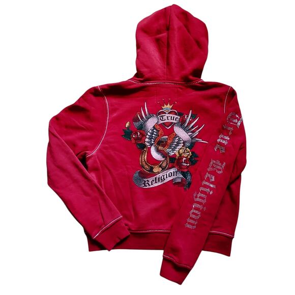 True Religion Rose Crystal Big T Women's Hoodie Red Bling Back Sleeve Y2K Size L - Picture 1 of 9